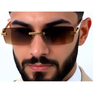 Rimless Sunglasses Rectangle Dark Brown Lens Gold Frame Fashion 80's 90's Style‎